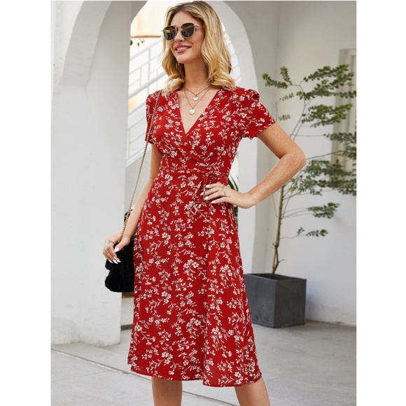 Red Floral Wrap Midi Dress - Picture 4 of 16